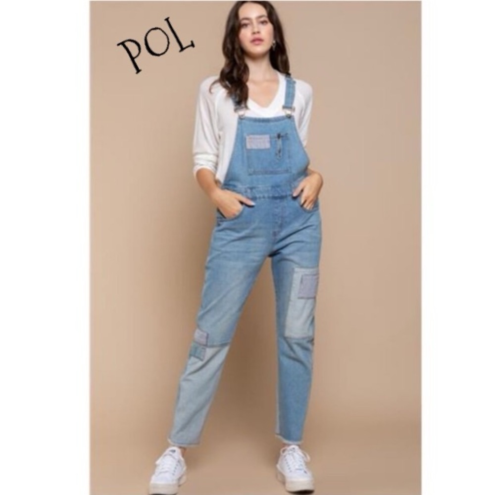 POL Slim Leg Denim Overalls With Patchwork Raw Hem 100% Cotton Size MEDIUM NEW - Picture 2 of 14